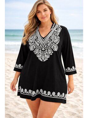 V Cristina Boho Black Embroidered Tunic/Beach Cover Up Size XL, Beach, Resort